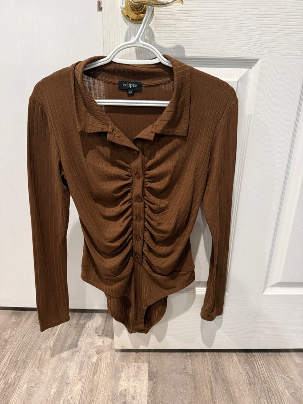 Eclipse Brown Ribbed Ruched Button-Front Bodysuit